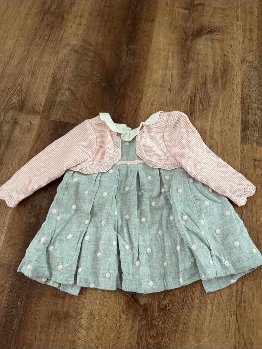 Worn once! Mayoral Baby Girl Pink Cardigan with Grey Polka Dot Dress